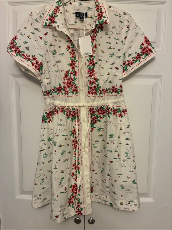 J. Crew Dresses & Skirts - J. Crew Cream Shirt Dress with Red Floral Trim and Green Accents